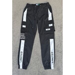 Rock Salt Mens Black White Stripe Cargo Jogger Pants Graphic Streetwear Size L